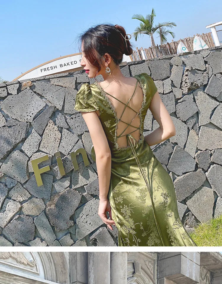 2025 New Summer Women's Long Dress Turquoise Green V-neck Backless Satin Jacquard Slim Elegant Party Evening Sexy Female Dresses