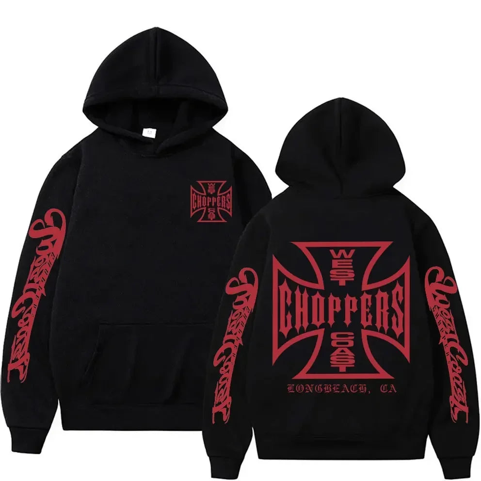 West Coast Choppers Cross Frame Double Sided Print Hoodie 90s Streetwear Male Vintage Hoodies Men's Hip Hop Oversized Sweatshirt