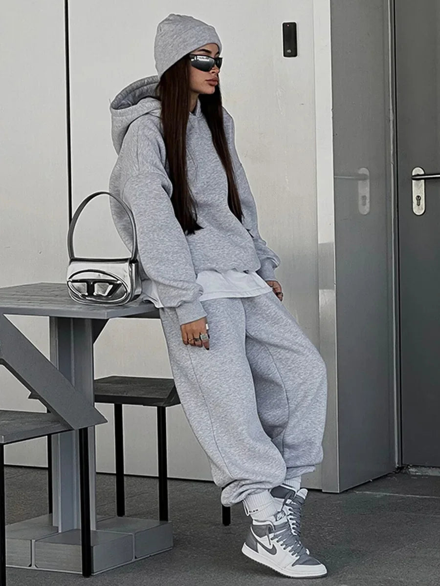 Wolfeel Solid Color Hoodies Pants 2-Pieces Sets Winter Thicken Fleece Women's Sweatshirt Oversized Fashion Warm Pullovers Sets