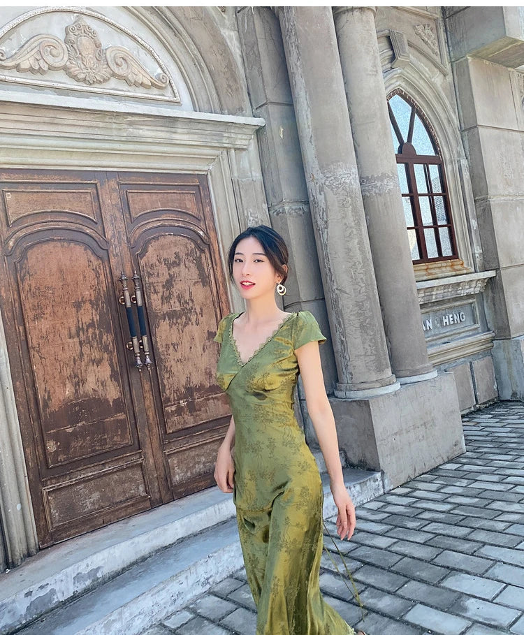 2025 New Summer Women's Long Dress Turquoise Green V-neck Backless Satin Jacquard Slim Elegant Party Evening Sexy Female Dresses