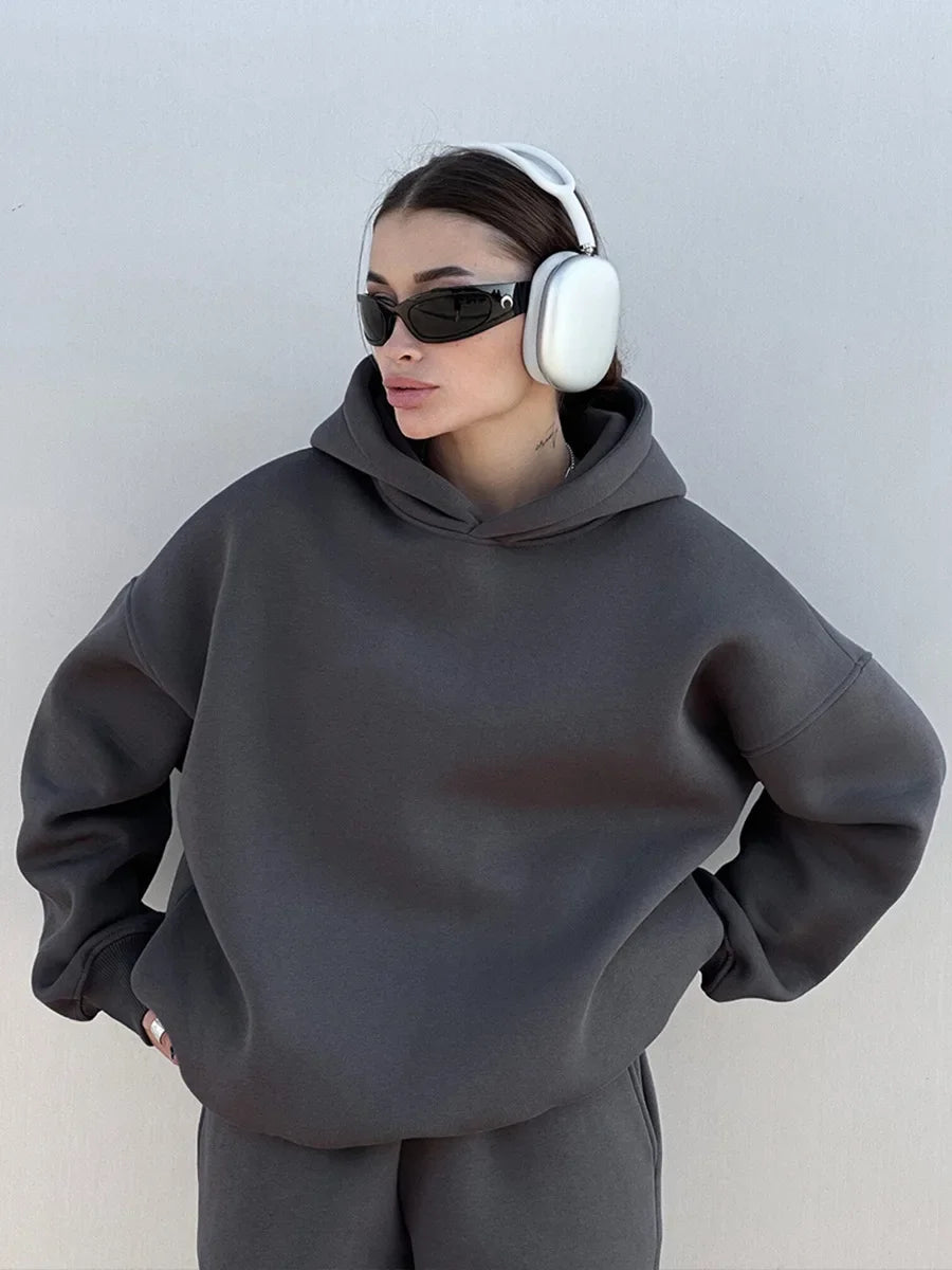 Wolfeel Solid Color Hoodies Pants 2-Pieces Sets Winter Thicken Fleece Women's Sweatshirt Oversized Fashion Warm Pullovers Sets