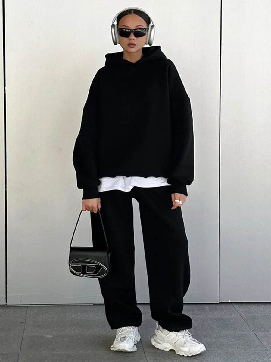 Wolfeel Solid Color Hoodies Pants 2-Pieces Sets Winter Thicken Fleece Women's Sweatshirt Oversized Fashion Warm Pullovers Sets