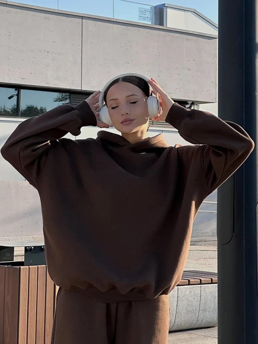 Wolfeel Solid Color Hoodies Pants 2-Pieces Sets Winter Thicken Fleece Women's Sweatshirt Oversized Fashion Warm Pullovers Sets