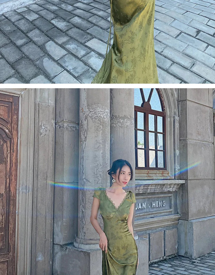 2025 New Summer Women's Long Dress Turquoise Green V-neck Backless Satin Jacquard Slim Elegant Party Evening Sexy Female Dresses