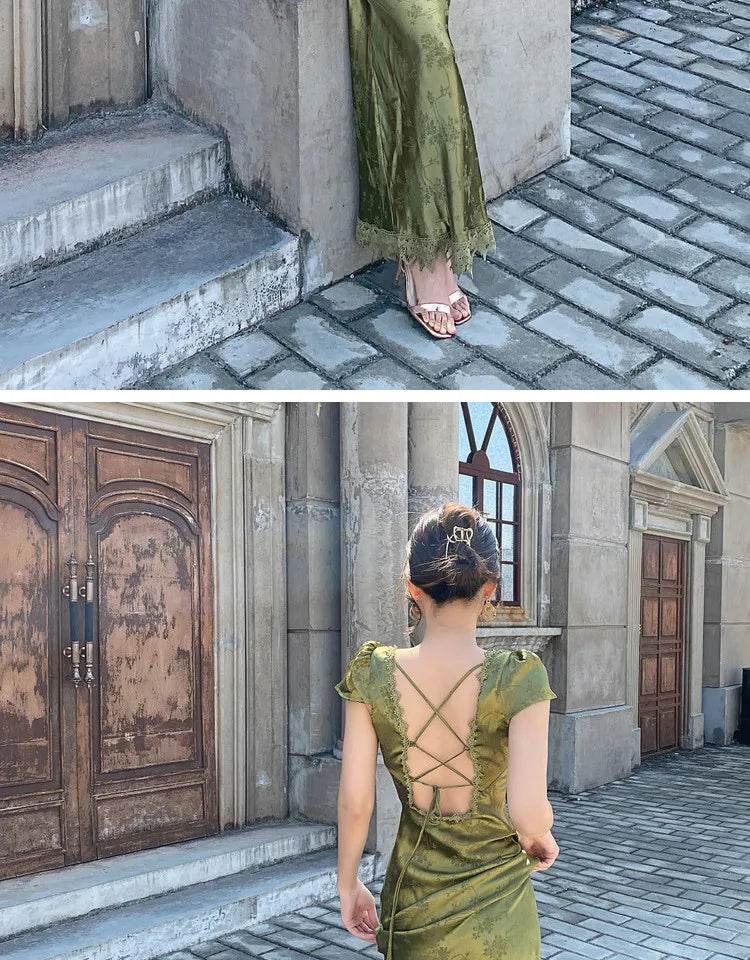 2025 New Summer Women's Long Dress Turquoise Green V-neck Backless Satin Jacquard Slim Elegant Party Evening Sexy Female Dresses