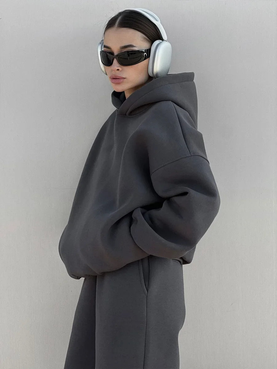 Wolfeel Solid Color Hoodies Pants 2-Pieces Sets Winter Thicken Fleece Women's Sweatshirt Oversized Fashion Warm Pullovers Sets
