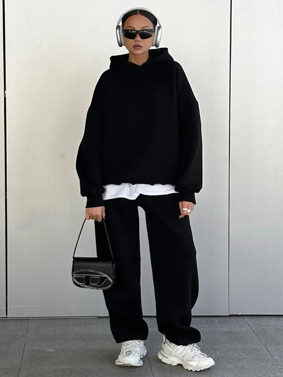 Wolfeel Solid Color Hoodies Pants 2-Pieces Sets Winter Thicken Fleece Women's Sweatshirt Oversized Fashion Warm Pullovers Sets