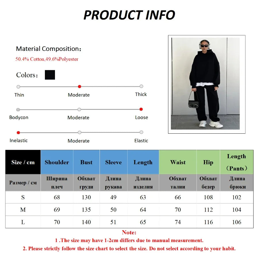 Wolfeel Solid Color Hoodies Pants 2-Pieces Sets Winter Thicken Fleece Women's Sweatshirt Oversized Fashion Warm Pullovers Sets