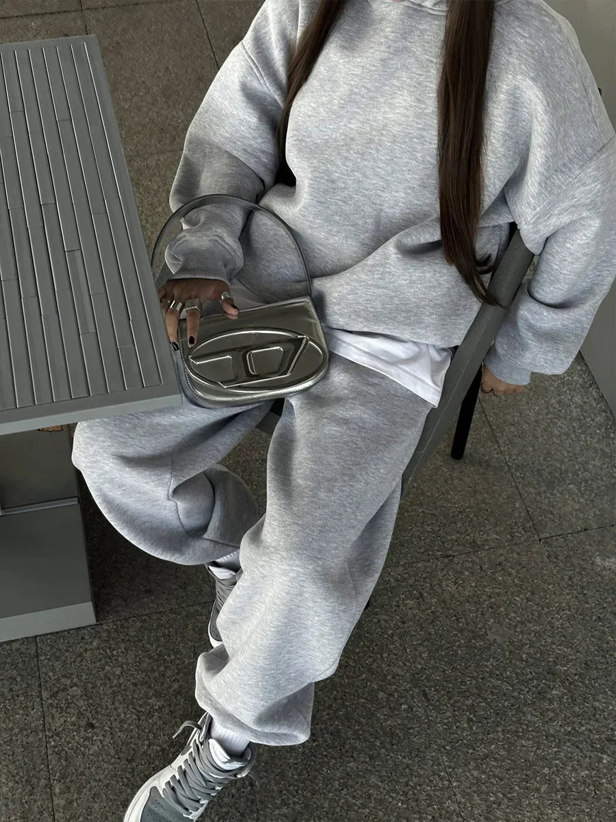 Wolfeel Solid Color Hoodies Pants 2-Pieces Sets Winter Thicken Fleece Women's Sweatshirt Oversized Fashion Warm Pullovers Sets