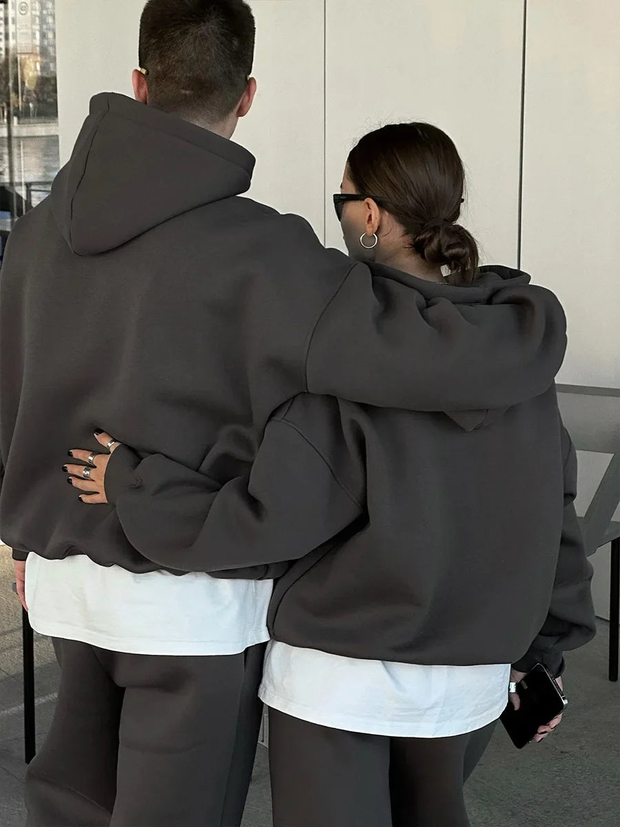 Wolfeel Solid Color Hoodies Pants 2-Pieces Sets Winter Thicken Fleece Women's Sweatshirt Oversized Fashion Warm Pullovers Sets