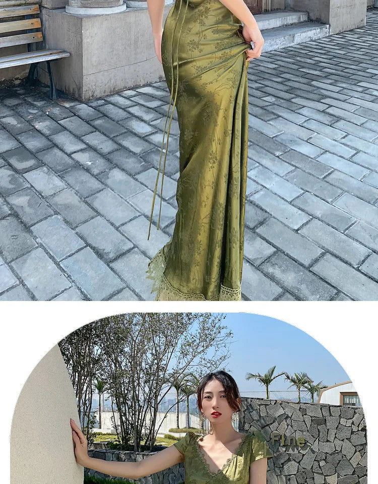 2025 New Summer Women's Long Dress Turquoise Green V-neck Backless Satin Jacquard Slim Elegant Party Evening Sexy Female Dresses