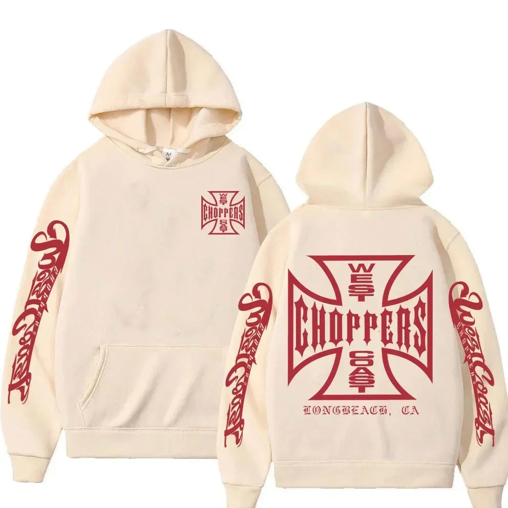 West Coast Choppers Cross Frame Double Sided Print Hoodie 90s Streetwear Male Vintage Hoodies Men's Hip Hop Oversized Sweatshirt