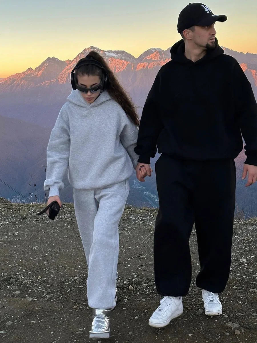 Wolfeel Solid Color Hoodies Pants 2-Pieces Sets Winter Thicken Fleece Women's Sweatshirt Oversized Fashion Warm Pullovers Sets
