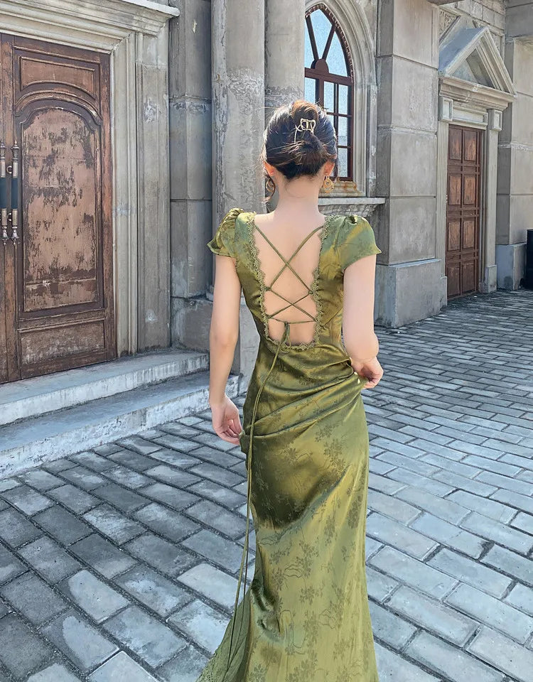 2025 New Summer Women's Long Dress Turquoise Green V-neck Backless Satin Jacquard Slim Elegant Party Evening Sexy Female Dresses