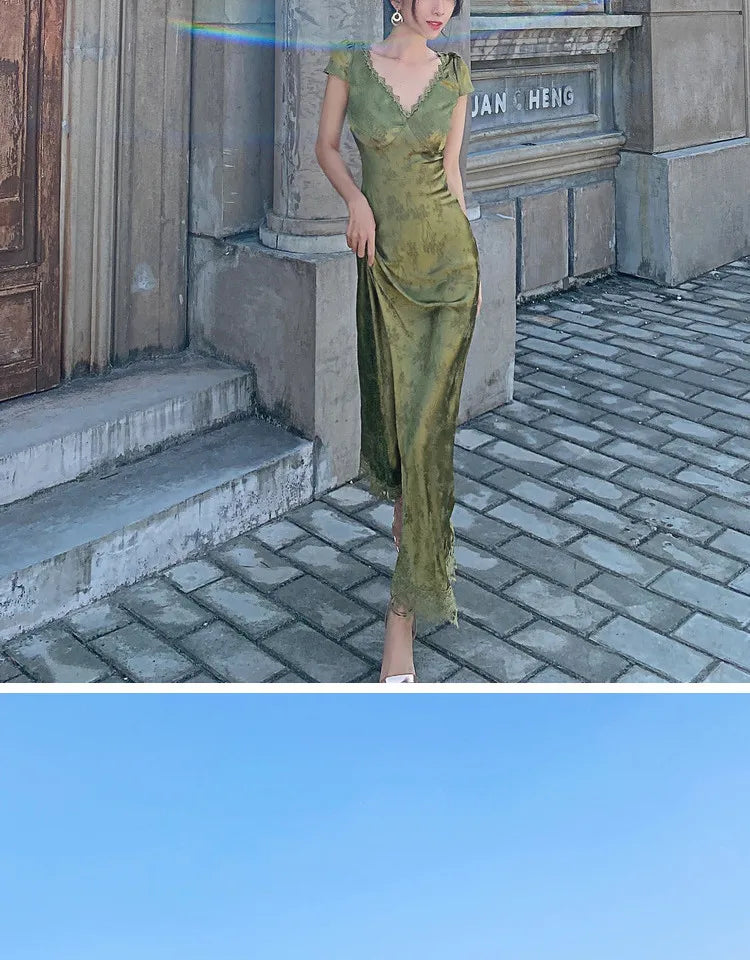 2025 New Summer Women's Long Dress Turquoise Green V-neck Backless Satin Jacquard Slim Elegant Party Evening Sexy Female Dresses