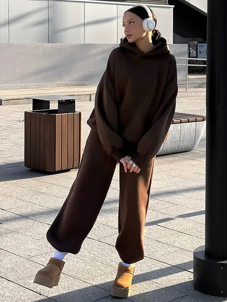 Wolfeel Solid Color Hoodies Pants 2-Pieces Sets Winter Thicken Fleece Women's Sweatshirt Oversized Fashion Warm Pullovers Sets