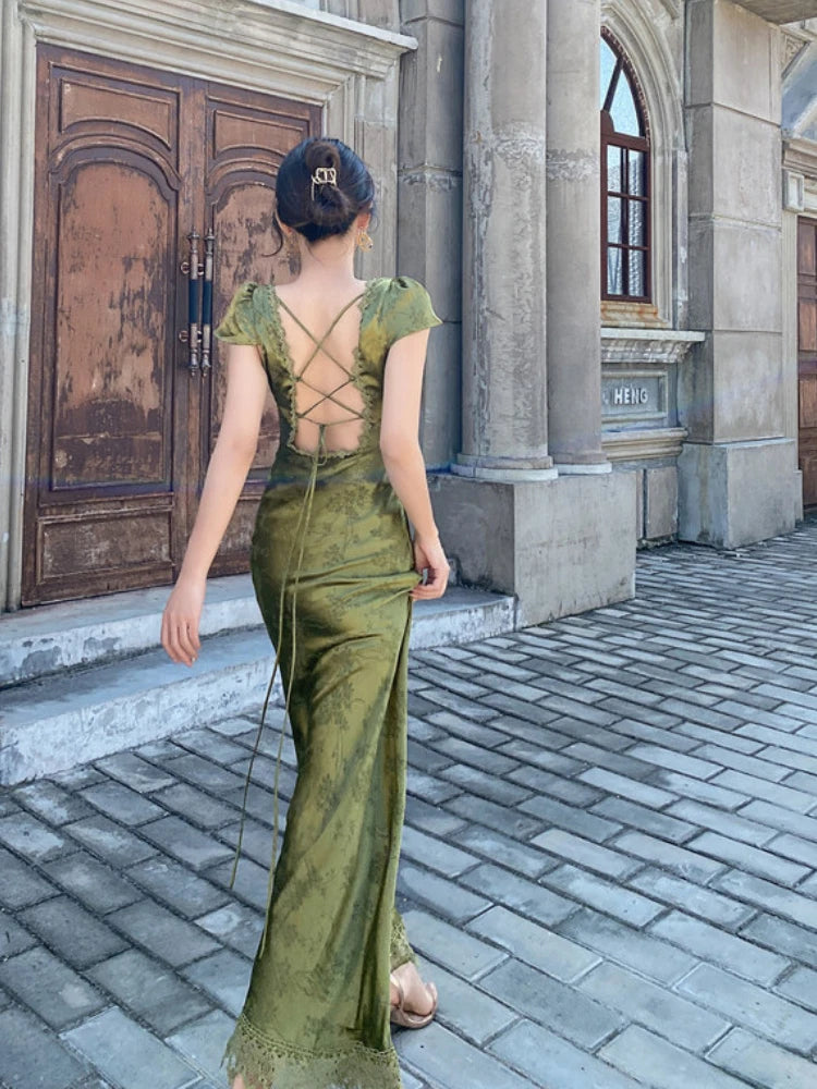 2025 New Summer Women's Long Dress Turquoise Green V-neck Backless Satin Jacquard Slim Elegant Party Evening Sexy Female Dresses