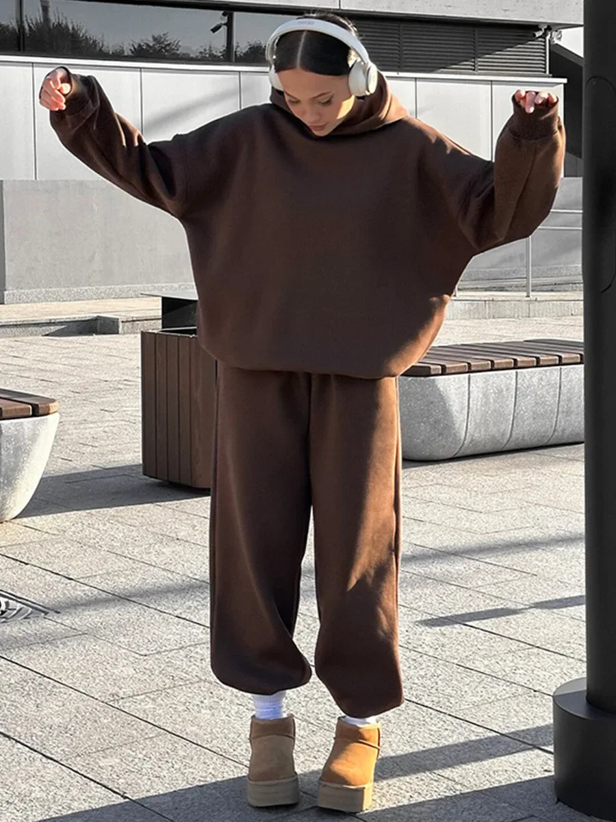 Wolfeel Solid Color Hoodies Pants 2-Pieces Sets Winter Thicken Fleece Women's Sweatshirt Oversized Fashion Warm Pullovers Sets
