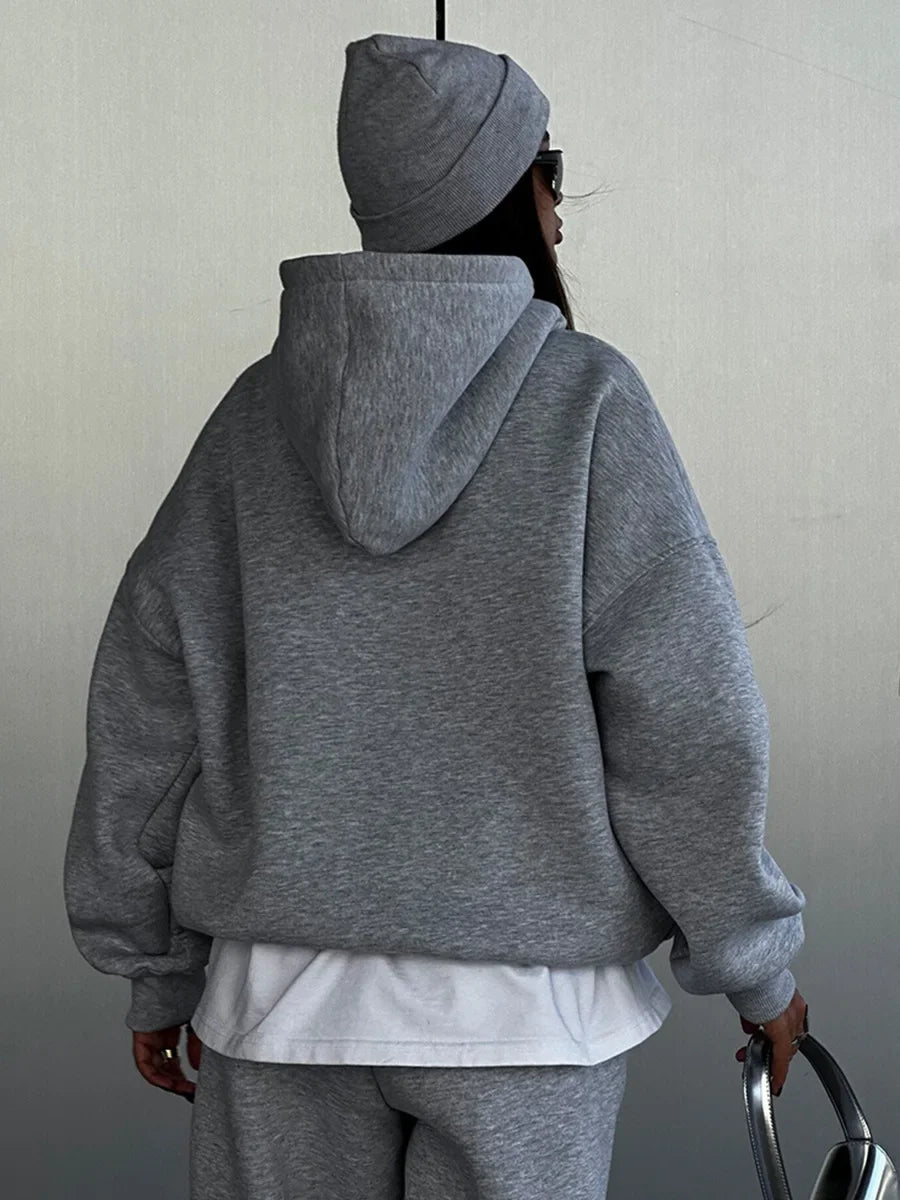 Wolfeel Solid Color Hoodies Pants 2-Pieces Sets Winter Thicken Fleece Women's Sweatshirt Oversized Fashion Warm Pullovers Sets