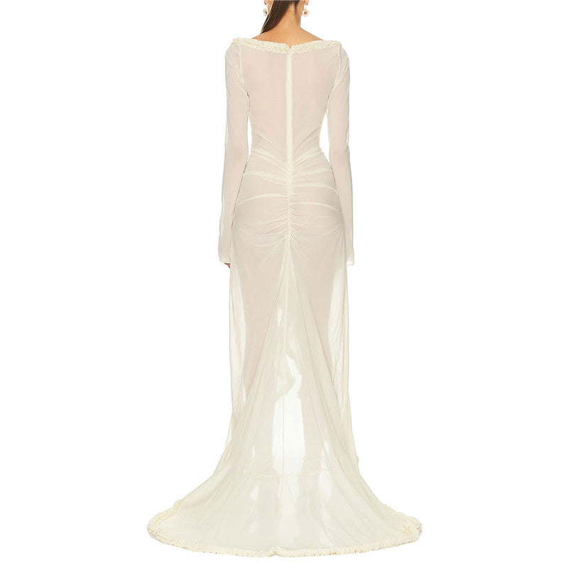Women Sexy Mesh Sheer Maxi Dress Y2k Floral See Through Low Cut Backless Bodycon Fitted Long Dress Party Dress Night Gown