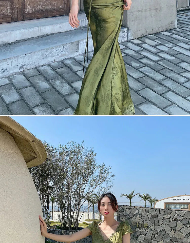 2025 New Summer Women's Long Dress Turquoise Green V-neck Backless Satin Jacquard Slim Elegant Party Evening Sexy Female Dresses