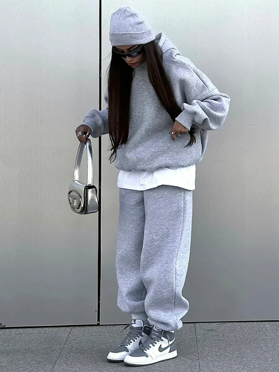 Wolfeel Solid Color Hoodies Pants 2-Pieces Sets Winter Thicken Fleece Women's Sweatshirt Oversized Fashion Warm Pullovers Sets