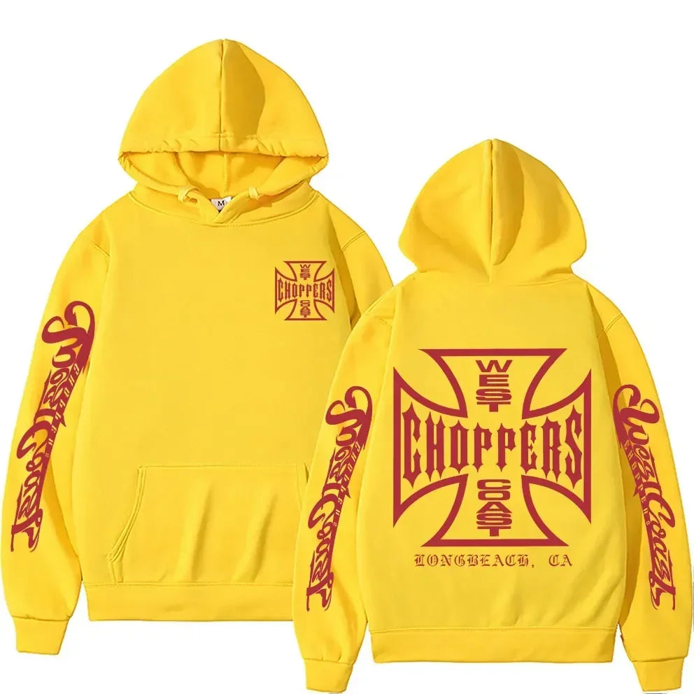 West Coast Choppers Cross Frame Double Sided Print Hoodie 90s Streetwear Male Vintage Hoodies Men's Hip Hop Oversized Sweatshirt