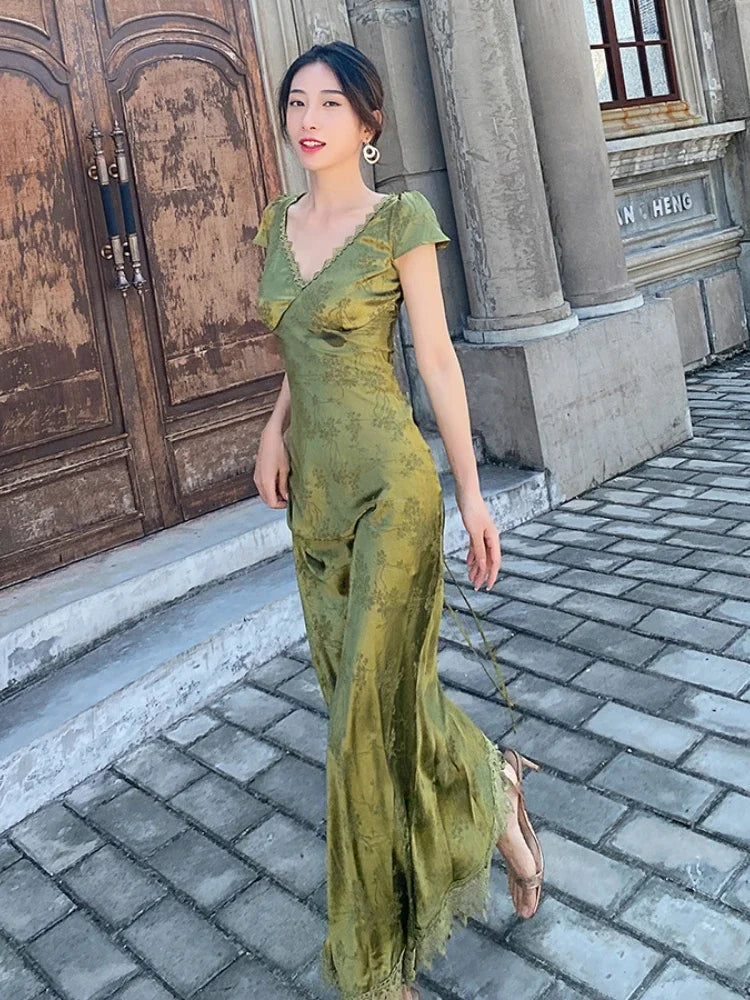 2025 New Summer Women's Long Dress Turquoise Green V-neck Backless Satin Jacquard Slim Elegant Party Evening Sexy Female Dresses