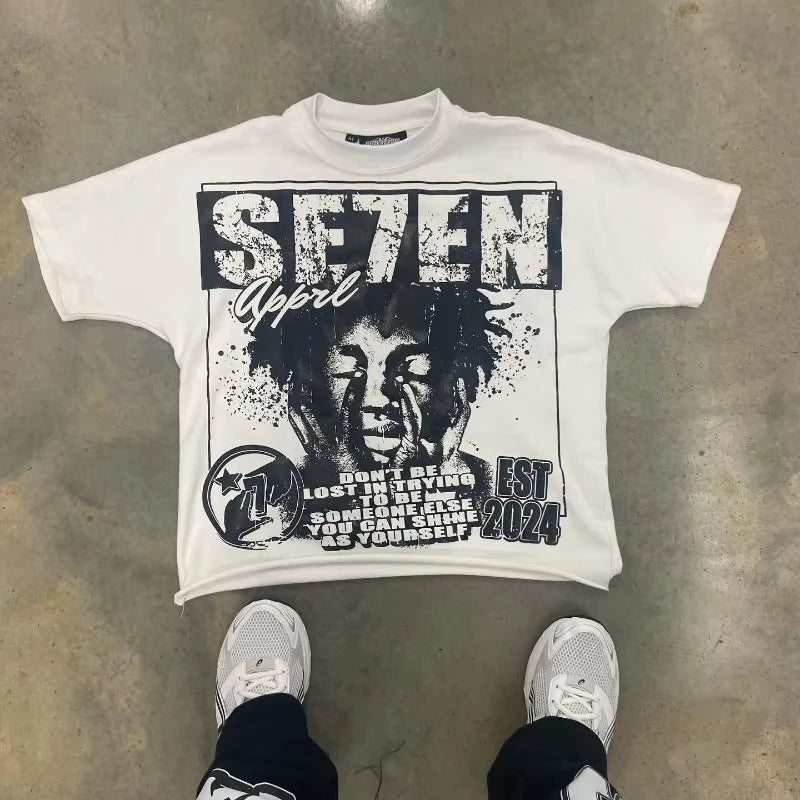y2k top Alphabet print Street Harajuku short sleeve T-shirt Men 2024 American retro loose top couple casual oversized shirt