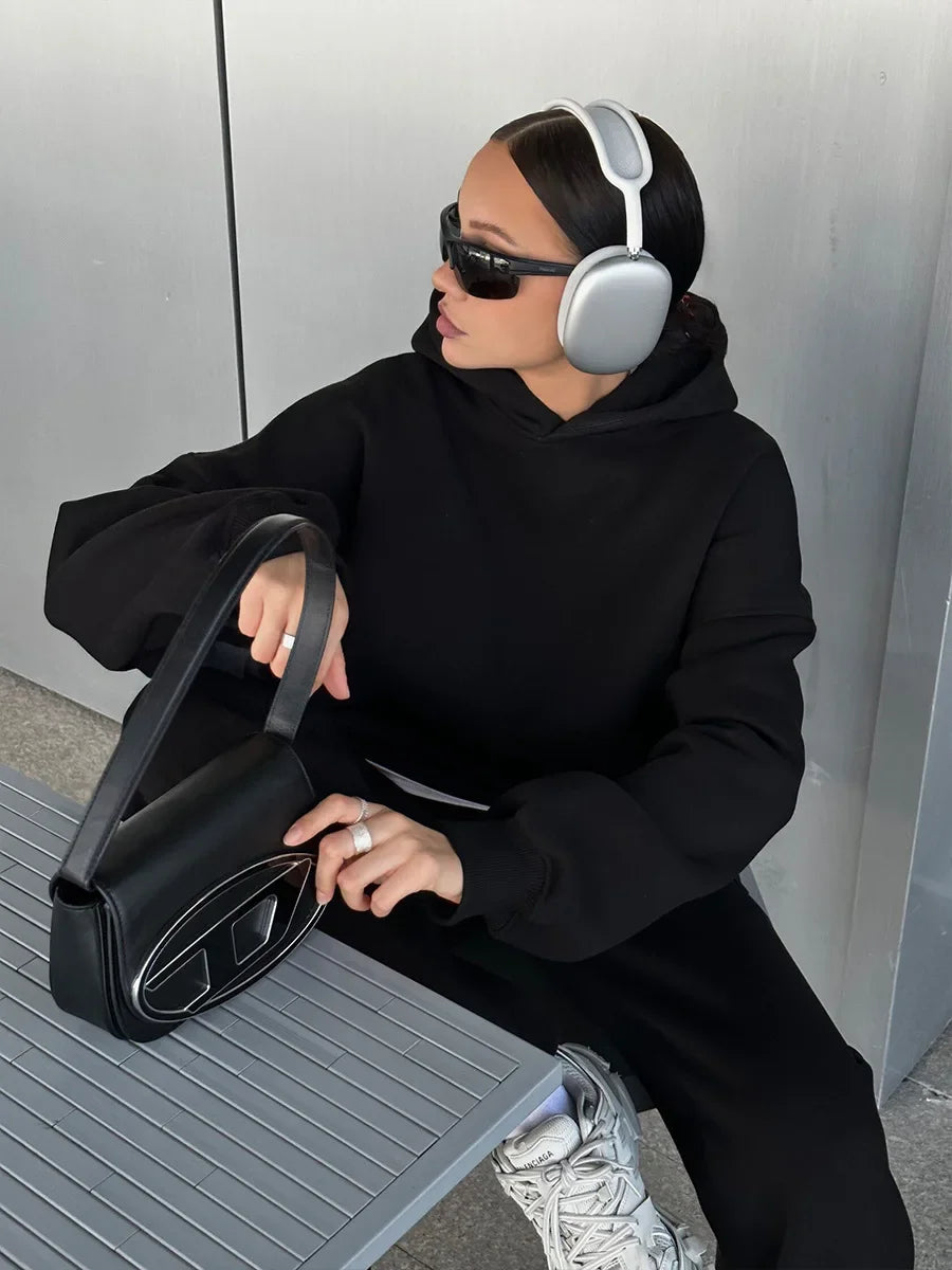 Wolfeel Solid Color Hoodies Pants 2-Pieces Sets Winter Thicken Fleece Women's Sweatshirt Oversized Fashion Warm Pullovers Sets