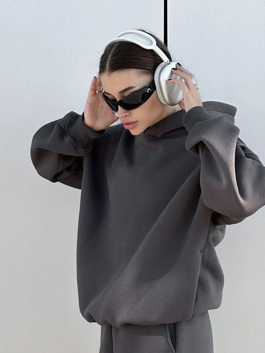 Wolfeel Solid Color Hoodies Pants 2-Pieces Sets Winter Thicken Fleece Women's Sweatshirt Oversized Fashion Warm Pullovers Sets