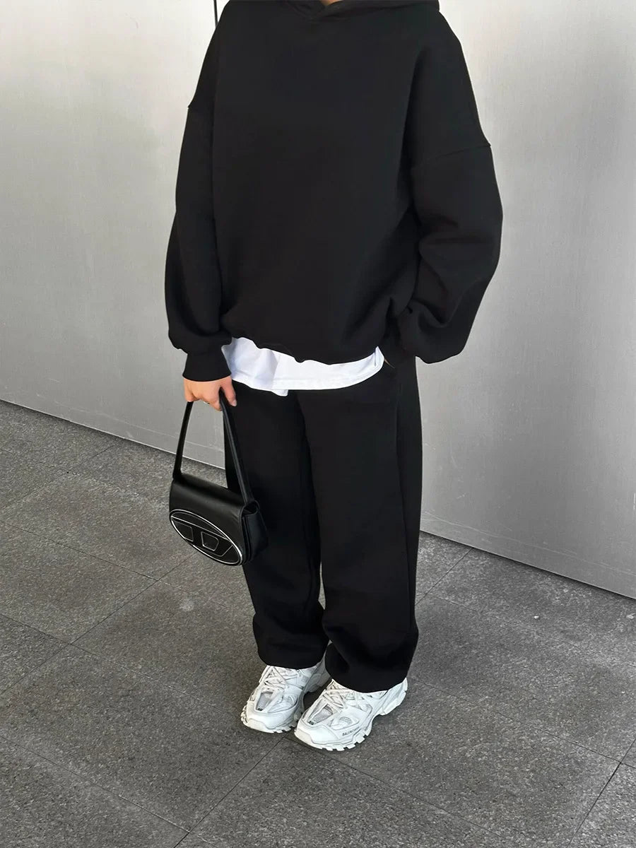 Wolfeel Solid Color Hoodies Pants 2-Pieces Sets Winter Thicken Fleece Women's Sweatshirt Oversized Fashion Warm Pullovers Sets