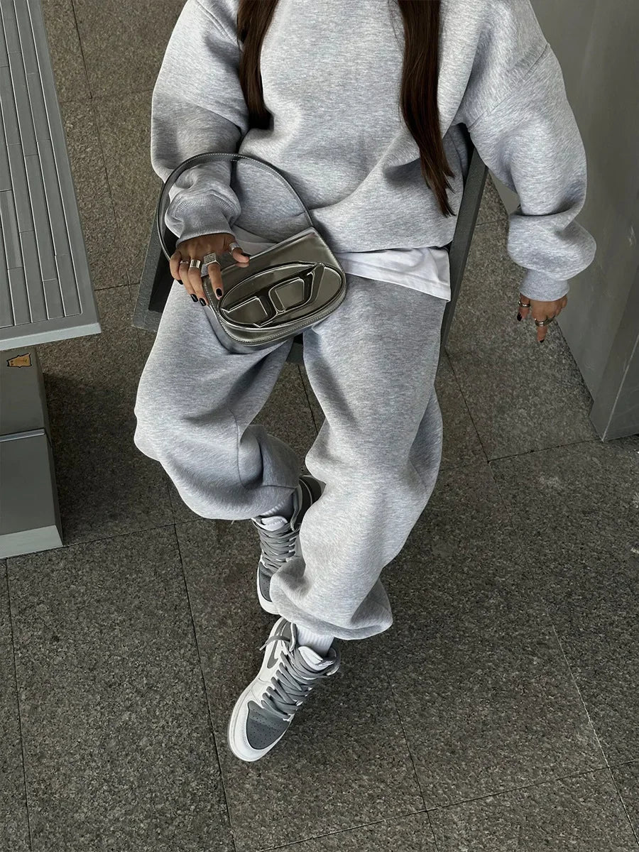 Wolfeel Solid Color Hoodies Pants 2-Pieces Sets Winter Thicken Fleece Women's Sweatshirt Oversized Fashion Warm Pullovers Sets