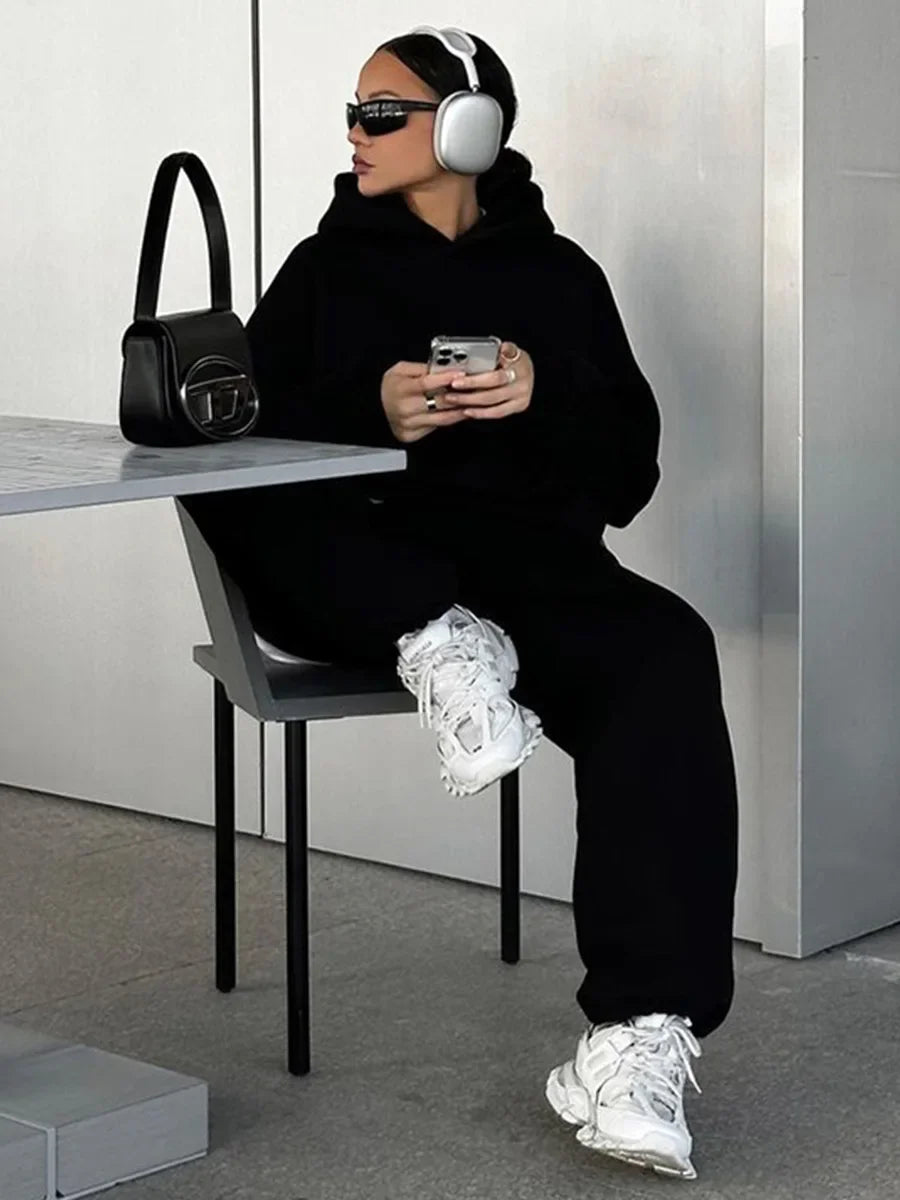 Wolfeel Solid Color Hoodies Pants 2-Pieces Sets Winter Thicken Fleece Women's Sweatshirt Oversized Fashion Warm Pullovers Sets