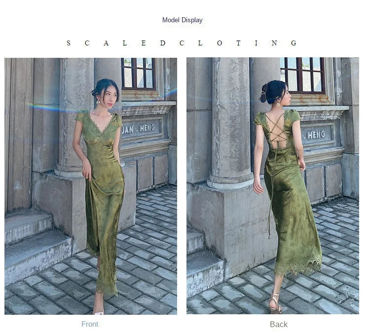 2025 New Summer Women's Long Dress Turquoise Green V-neck Backless Satin Jacquard Slim Elegant Party Evening Sexy Female Dresses