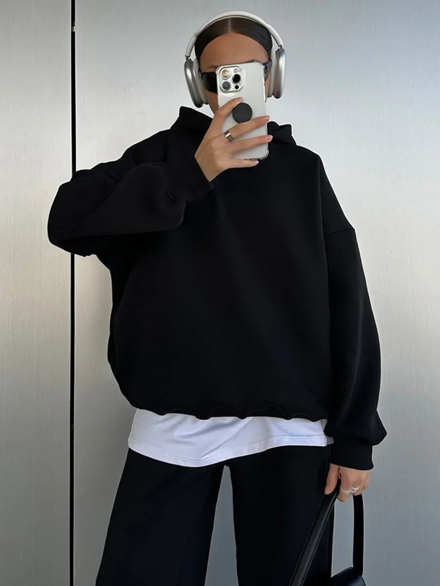 Wolfeel Solid Color Hoodies Pants 2-Pieces Sets Winter Thicken Fleece Women's Sweatshirt Oversized Fashion Warm Pullovers Sets
