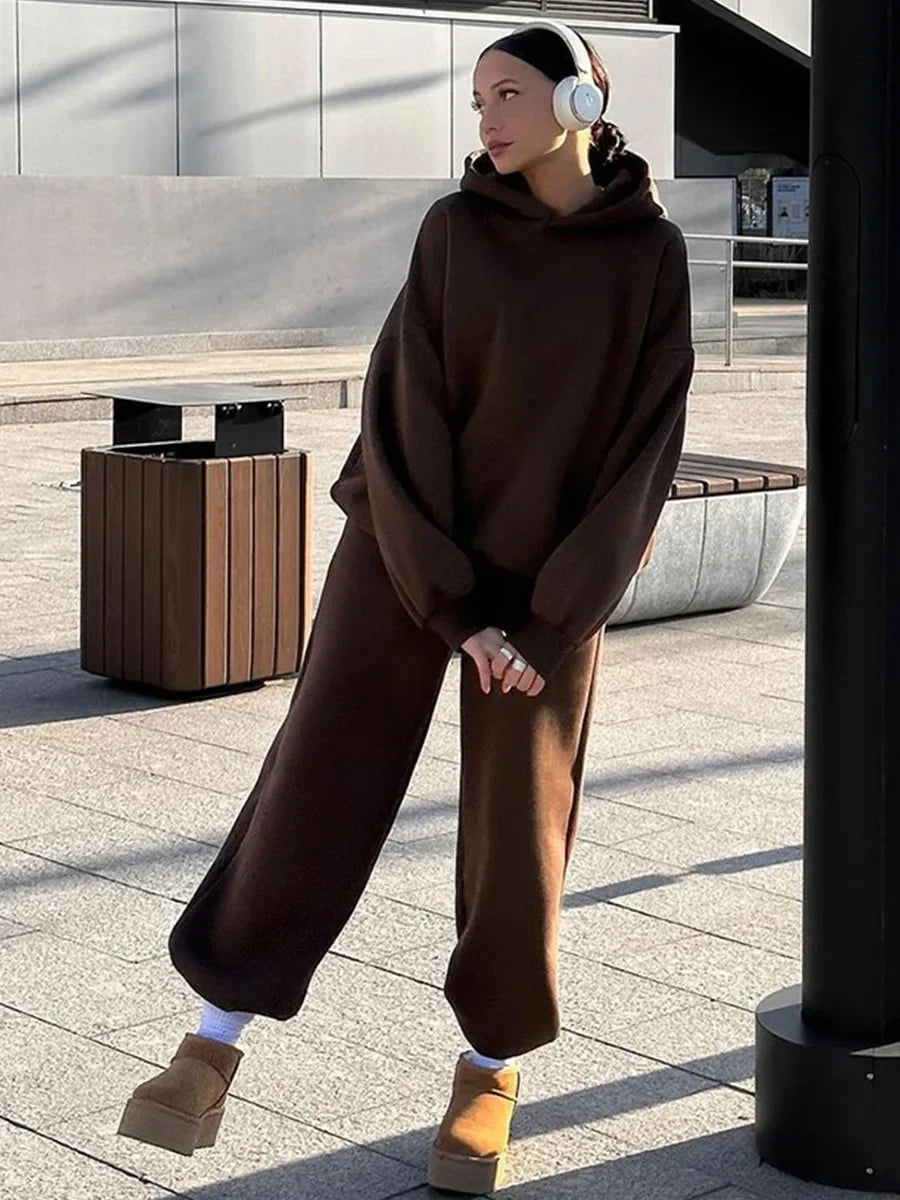 Wolfeel Solid Color Hoodies Pants 2-Pieces Sets Winter Thicken Fleece Women's Sweatshirt Oversized Fashion Warm Pullovers Sets