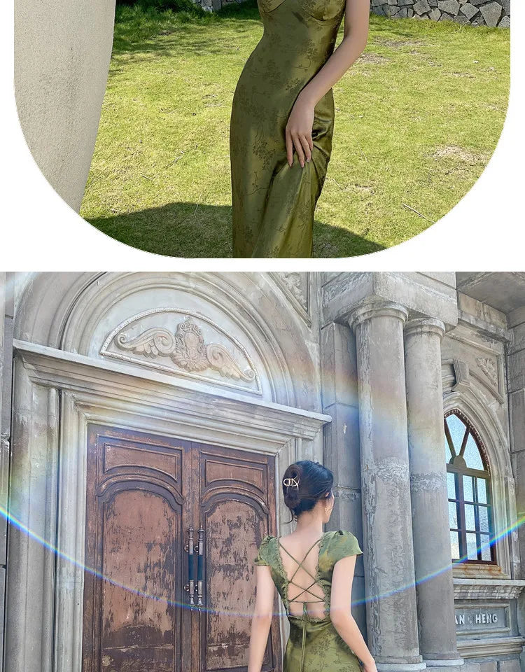 2025 New Summer Women's Long Dress Turquoise Green V-neck Backless Satin Jacquard Slim Elegant Party Evening Sexy Female Dresses