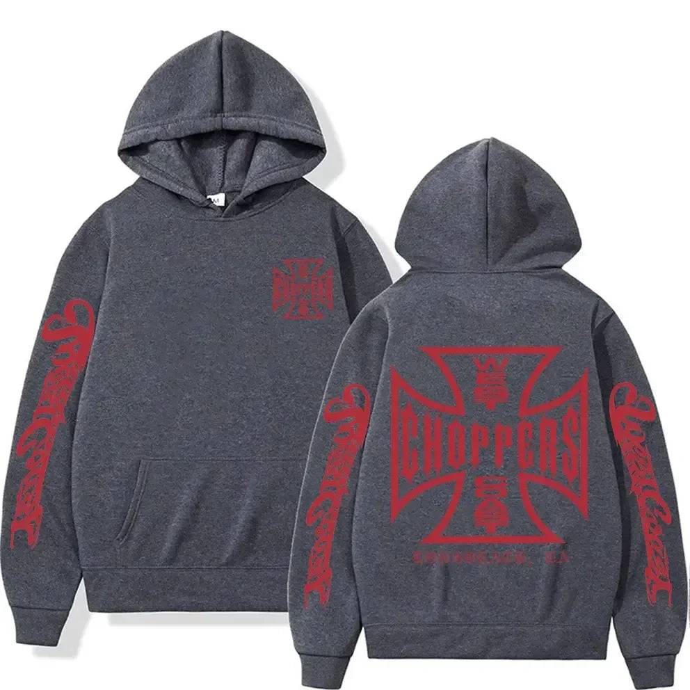West Coast Choppers Cross Frame Double Sided Print Hoodie 90s Streetwear Male Vintage Hoodies Men's Hip Hop Oversized Sweatshirt