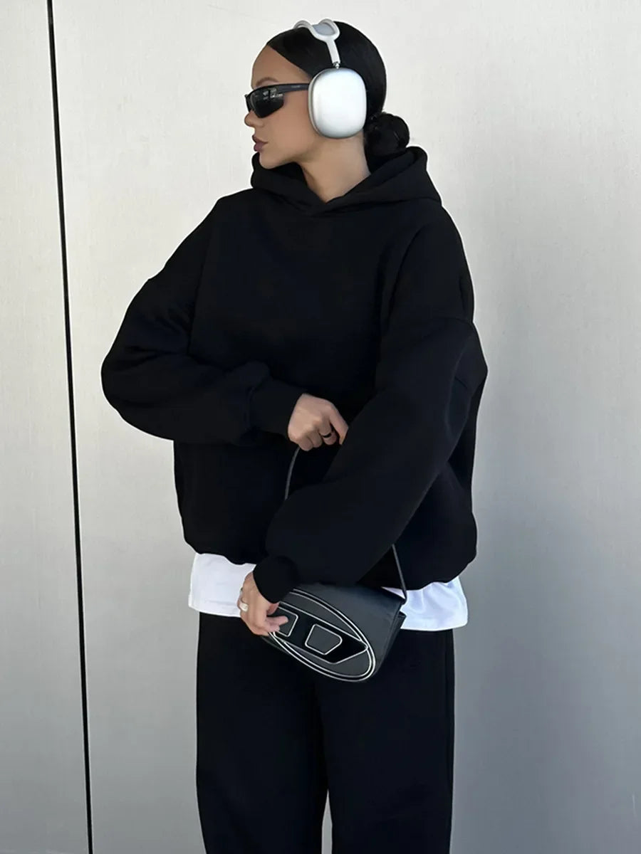 Wolfeel Solid Color Hoodies Pants 2-Pieces Sets Winter Thicken Fleece Women's Sweatshirt Oversized Fashion Warm Pullovers Sets