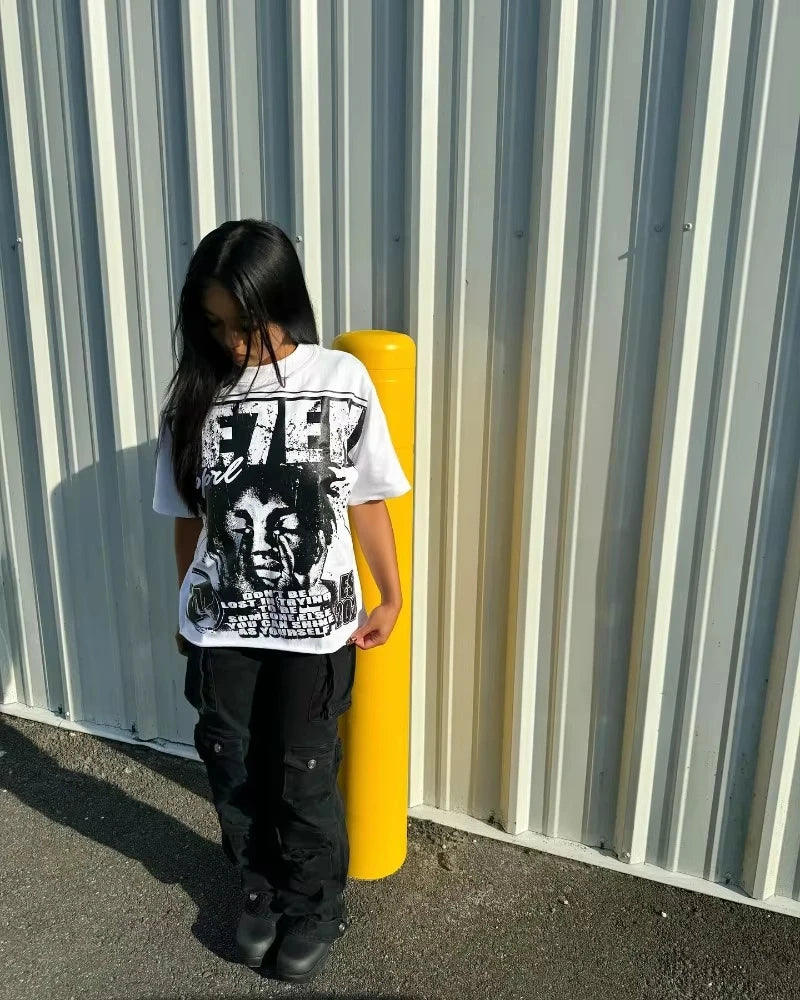 y2k top Alphabet print Street Harajuku short sleeve T-shirt Men 2024 American retro loose top couple casual oversized shirt