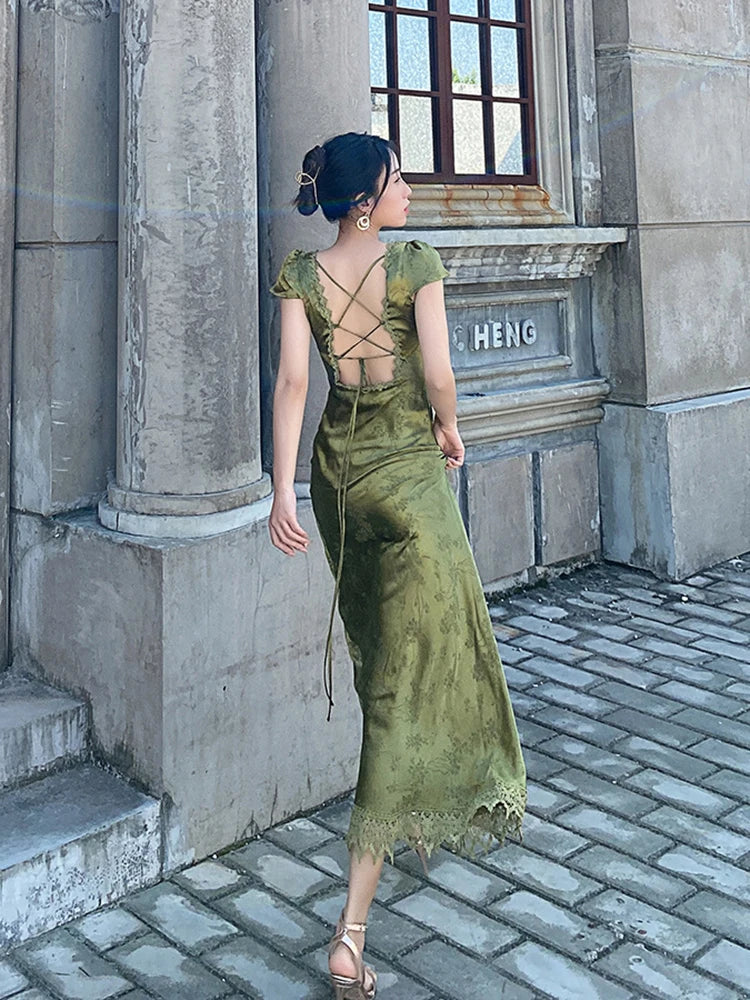 2025 New Summer Women's Long Dress Turquoise Green V-neck Backless Satin Jacquard Slim Elegant Party Evening Sexy Female Dresses