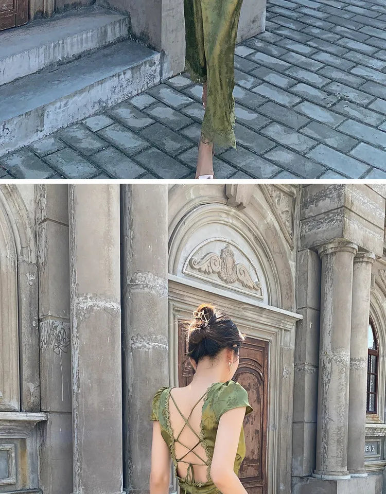 2025 New Summer Women's Long Dress Turquoise Green V-neck Backless Satin Jacquard Slim Elegant Party Evening Sexy Female Dresses