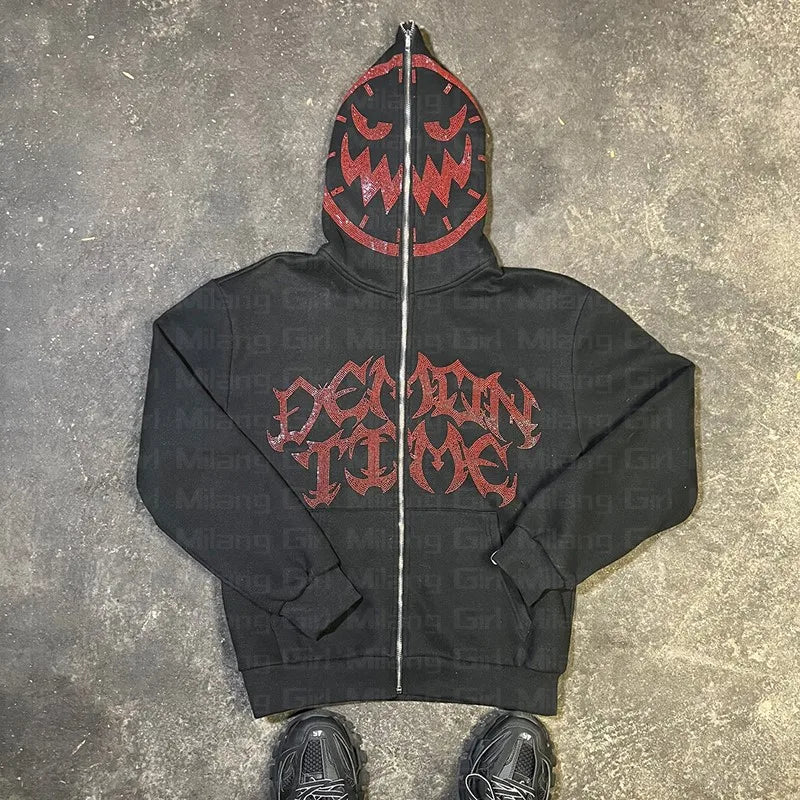 Men Zip Hoodie clothes Y2K Fashion Hoodie Rhinestones Letter graphics Print Hoodies Gothic Long Sleeve Sweatshirt Oversized Top