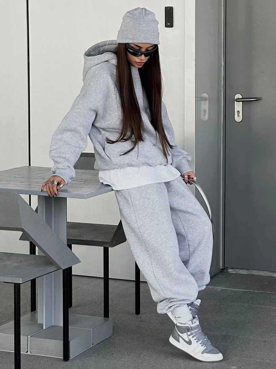 Wolfeel Solid Color Hoodies Pants 2-Pieces Sets Winter Thicken Fleece Women's Sweatshirt Oversized Fashion Warm Pullovers Sets