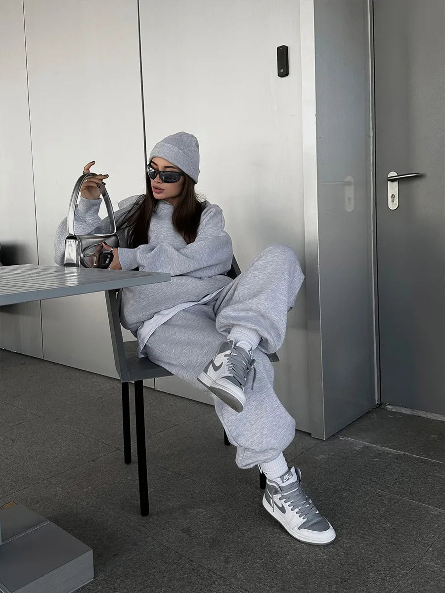 Wolfeel Solid Color Hoodies Pants 2-Pieces Sets Winter Thicken Fleece Women's Sweatshirt Oversized Fashion Warm Pullovers Sets