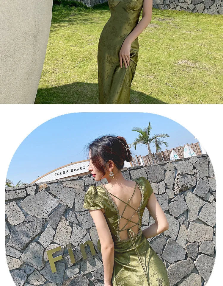2025 New Summer Women's Long Dress Turquoise Green V-neck Backless Satin Jacquard Slim Elegant Party Evening Sexy Female Dresses