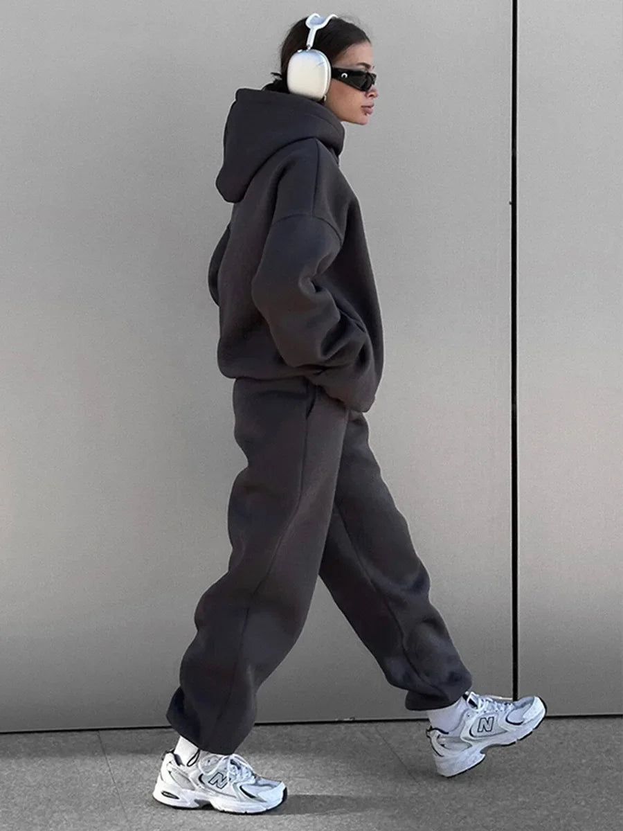 Wolfeel Solid Color Hoodies Pants 2-Pieces Sets Winter Thicken Fleece Women's Sweatshirt Oversized Fashion Warm Pullovers Sets