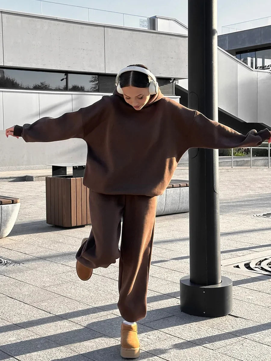Wolfeel Solid Color Hoodies Pants 2-Pieces Sets Winter Thicken Fleece Women's Sweatshirt Oversized Fashion Warm Pullovers Sets