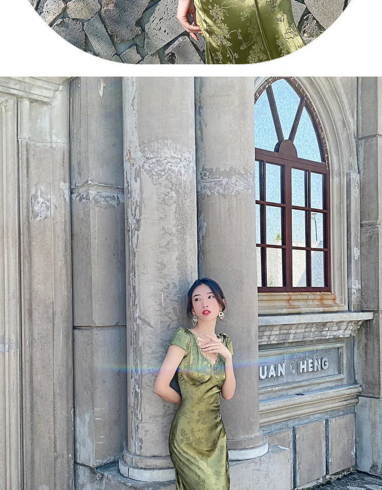 2025 New Summer Women's Long Dress Turquoise Green V-neck Backless Satin Jacquard Slim Elegant Party Evening Sexy Female Dresses
